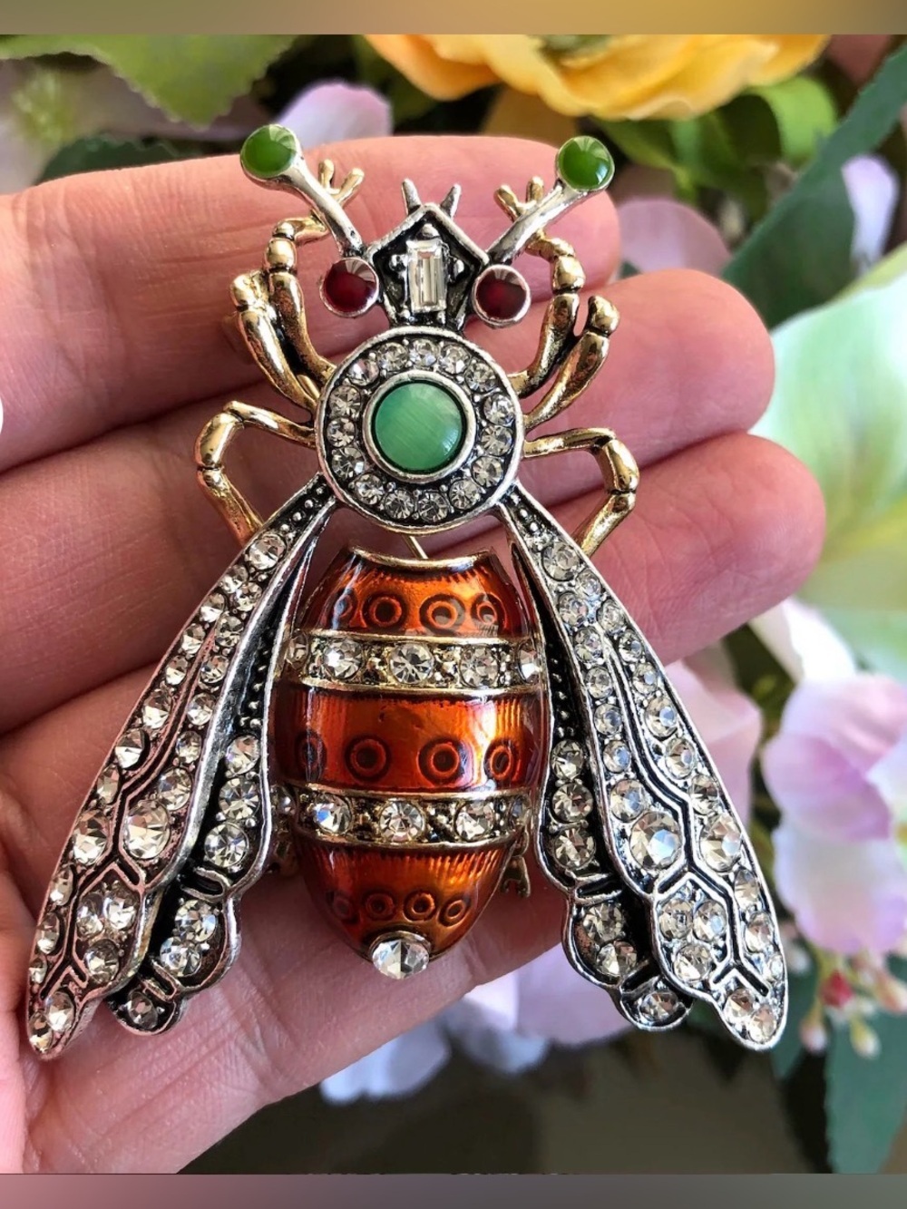 Enamel and Crystal Bee Brooch in Orange and Gold Tones